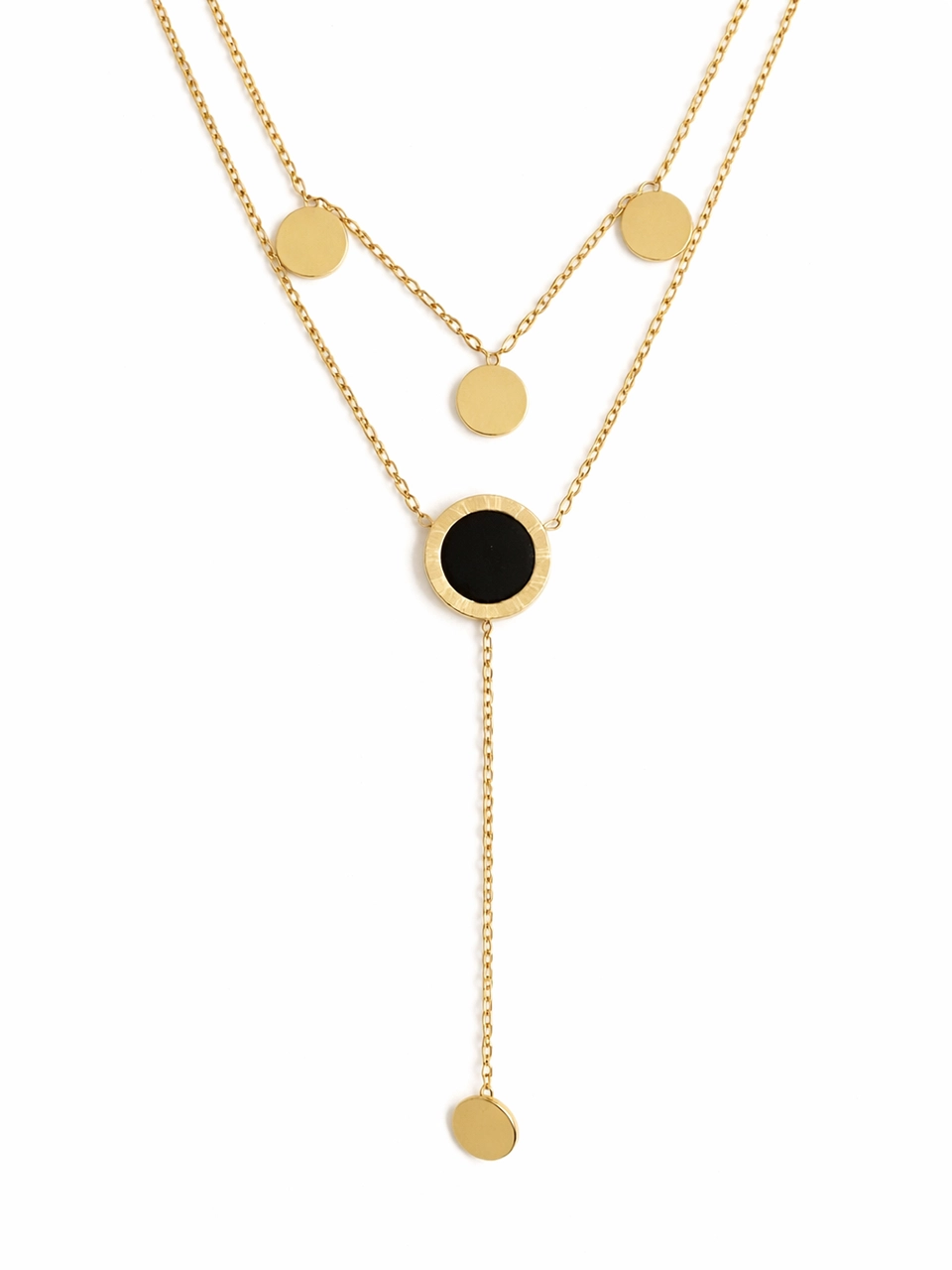 Black Disc Layered Drop Necklace